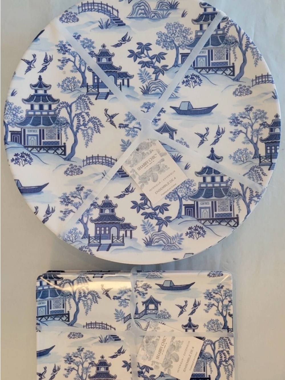 Shabby Chic Blue Willow 4ct Dinner & 4ct Appetizer Plates Asian Pagoda Melamine